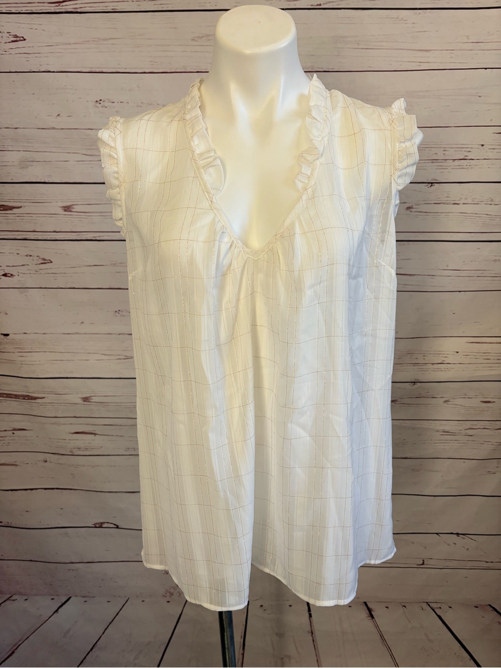 New York & Company Ruffle Sleeve V Neck Blouse Size XL White Metallic Stripes